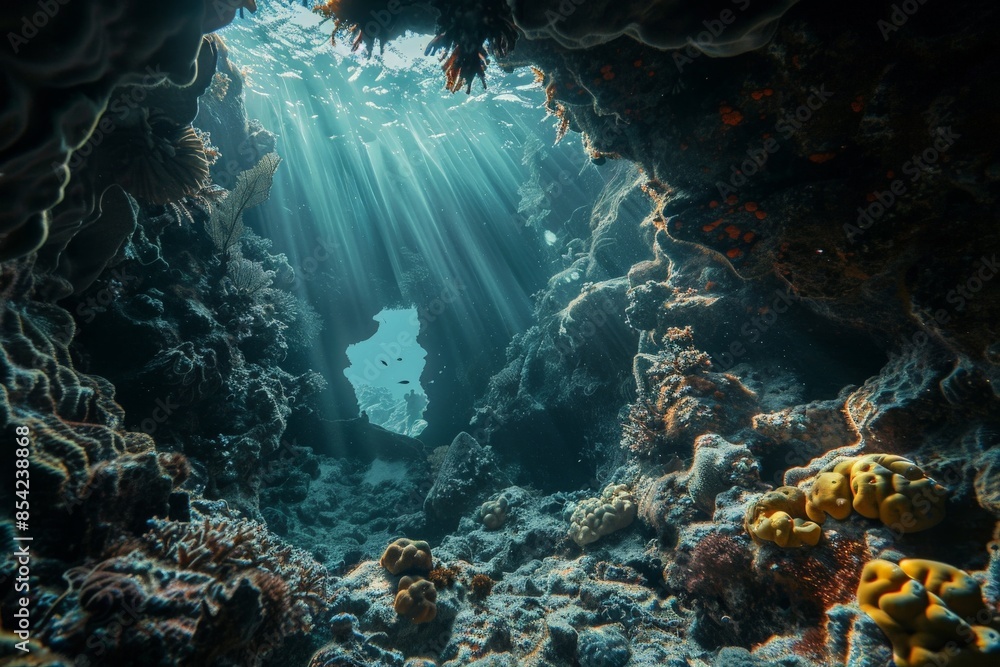 Poster sunlight illuminating underwater cave with corals