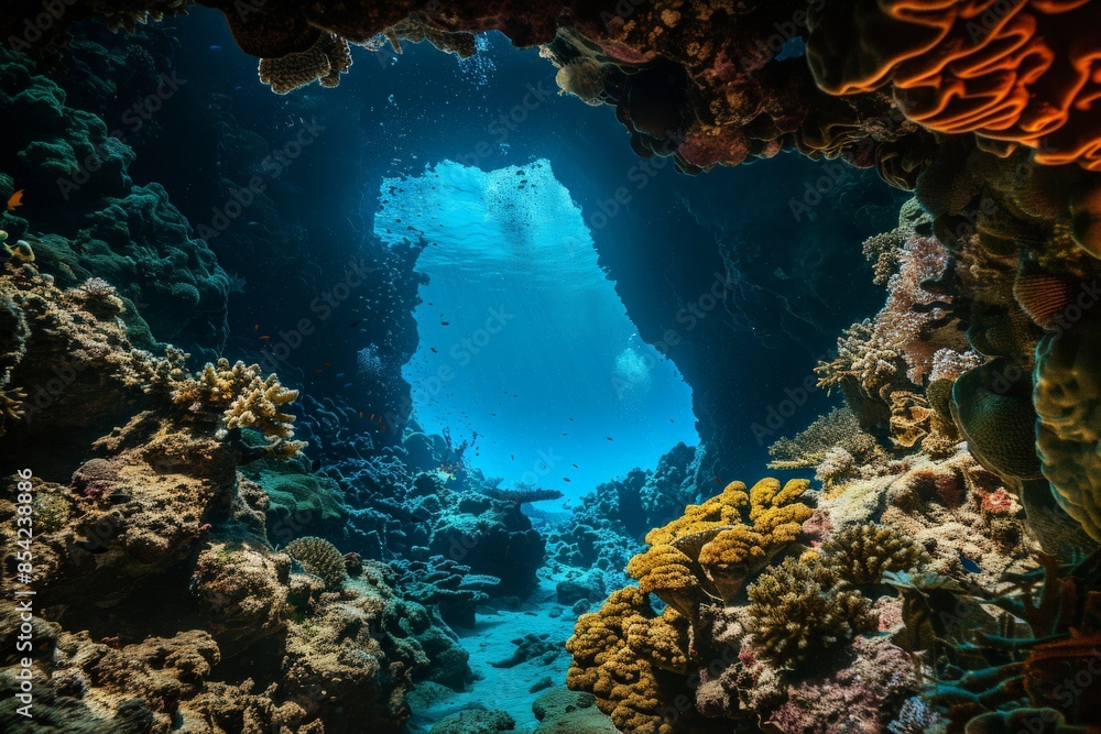 Poster sunlight entering underwater cave illuminating seabed with vibrant coral reef