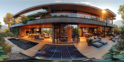 An immersive 360-degree equirectangular projection spherical panorama of an energy-efficient home, showcasing solar panels, smart thermostats, and automated