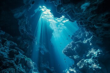 Obraz premium Sunlight piercing through surface of ocean illuminating underwater cave