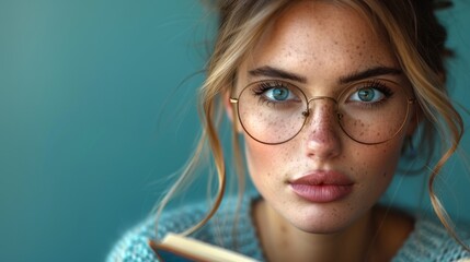 Fototapeta premium Detailed shot of a young, freckled woman wearing glasses, holding a book with a thoughtful expression