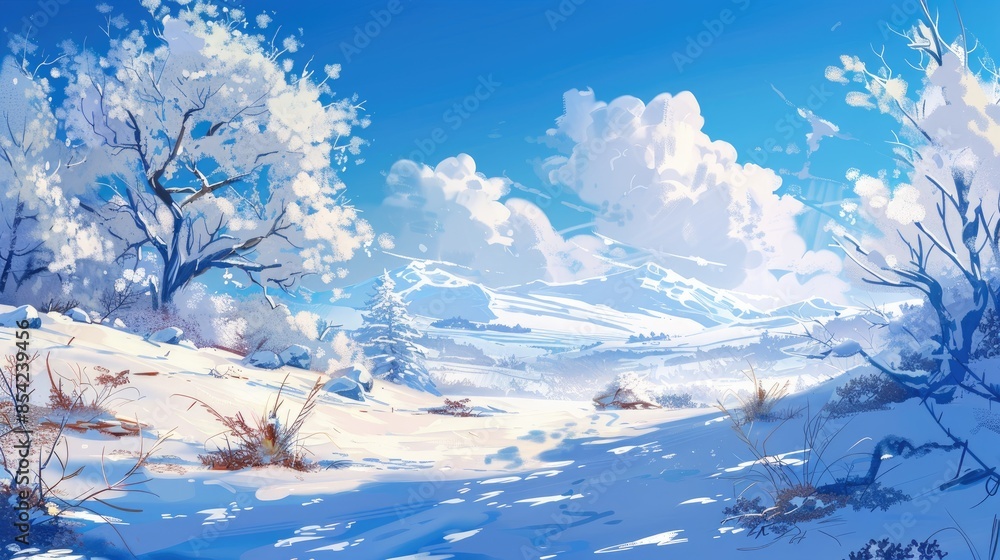 Sticker Cold winter scene with snowy landscape and clear blue sky