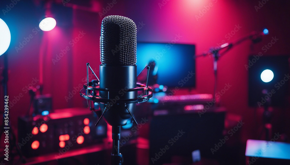 Fototapete in an empty recorded studio with copy space, a studio microphone and pop shield are placed on the mi