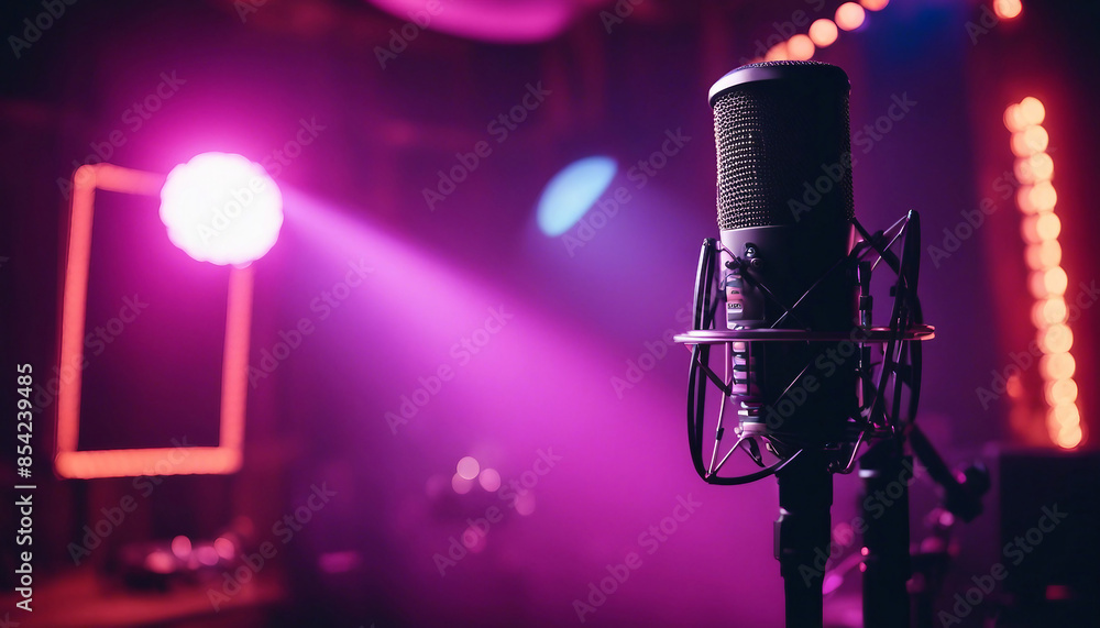 Fototapete in an empty recorded studio with copy space, a studio microphone and pop shield are placed on the mi