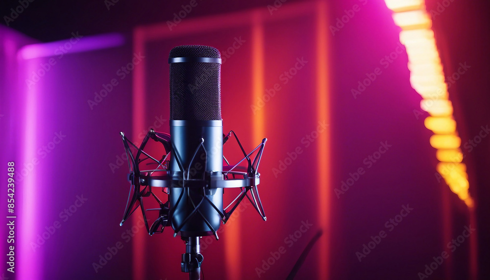 Fototapete In an empty recorded studio with copy space, a studio microphone and pop shield are placed on the mike by Ai