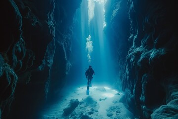 Scuba diver exploring underwater cave with sunlight coming in from the surface