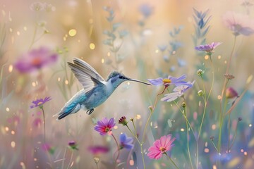 Vibrant Artistic Representation of a Hummingbird Hovering Over Colorful Wildflowers