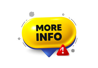 Offer speech bubble 3d icon. More info tag. Navigation sign. Read description symbol. More info chat offer. Speech bubble danger alert banner. Text box balloon. Vector