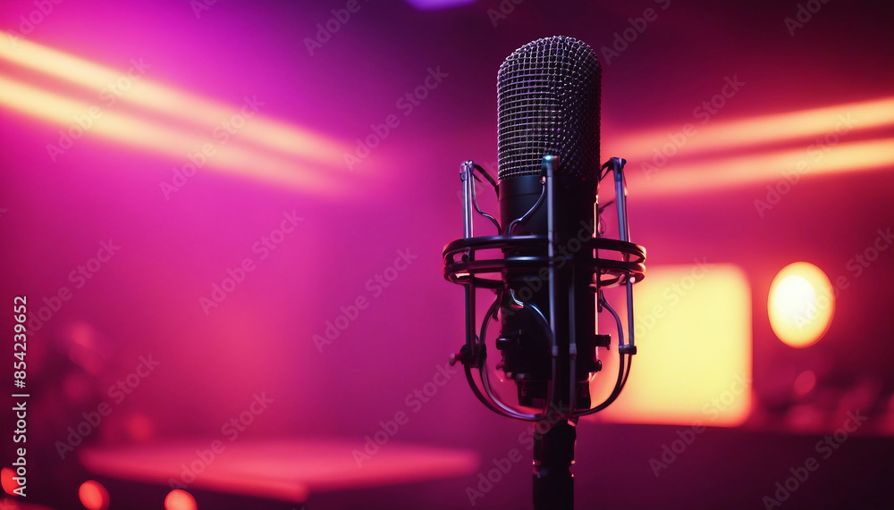 Fototapete in an empty recorded studio with copy space, a studio microphone and pop shield are placed on the mi