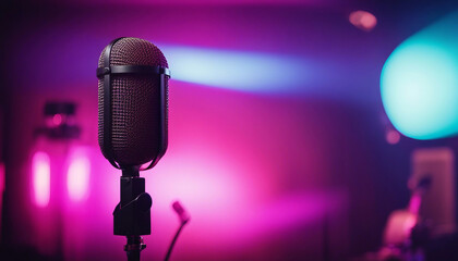 In an empty recorded studio with copy space, a studio microphone and pop shield are placed on the mike by Ai