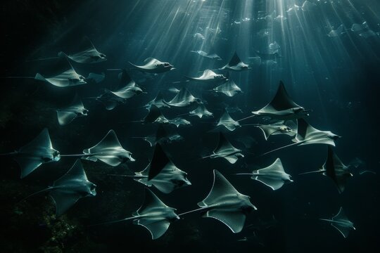 School of mobula rays swimming in sunrays through ocean water