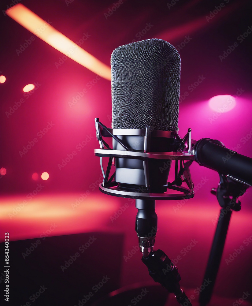 Fototapete in an empty recorded studio with copy space, a studio microphone and pop shield are placed on the mi