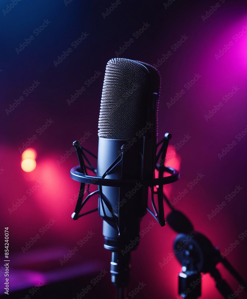 Fototapete in an empty recorded studio with copy space, a studio microphone and pop shield are placed on the mi