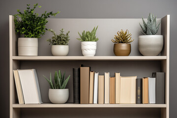 A contemporary-style bookshelf adorned with plants, beige and grey colours