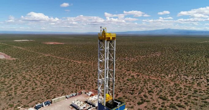 A&ntilde;elo, Argentina, October 30, 2024: Aerial view of unconventional oil well drilling in A&ntilde;elo, Neuquen.