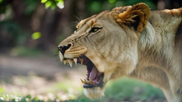 Lioness Jaws Wide Open Ready to Pounce 4K Loop features an A.I. generated video of a close-up of a lioness with mouth wide open baring teeth in a snarl with trees in the background.