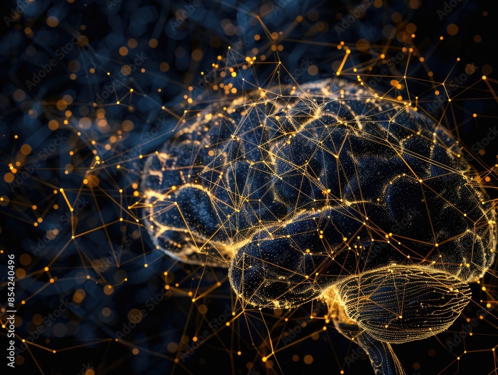 Poster a digital representation of the human brain structured as a neural network, highlighting connections