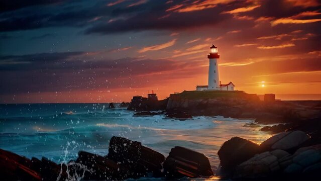 Lighthouse on Rocky Shore at Dusk 4K Loop features an A.I. generated video of a lighthouse on a rocky shore at sunset with waves crashing on the shore.