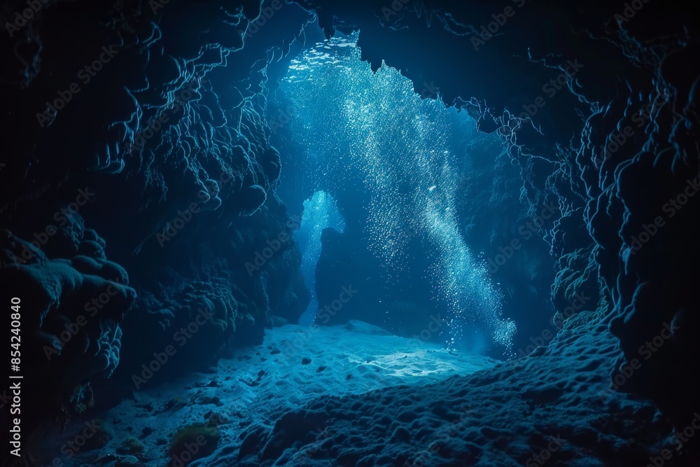 Poster sunlight entering underwater cave through opening creating beautiful light beams