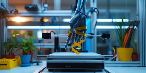 Fototapeta premium Artificial hand with hope stripe printed on 3D printer in laboratory. Printing prostheses, prosthetics, replacement of biological limbs, hand, wrist, post-war recovery, empowerment