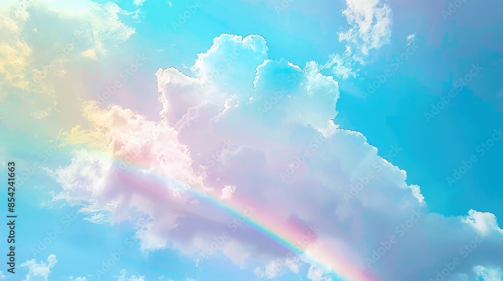 Wall mural colorful pastel rainbow and clouds on blue sky background.ai generated image - Wall murals