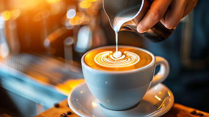 Ein Barista kreiert kunstvolle Latte Art auf eine Tasse frisch gebrühten Kaffee – detaillierte Nahaufnahme von handgefertigter Kaffeezubereitung in einer modernen Café-Umgebung.