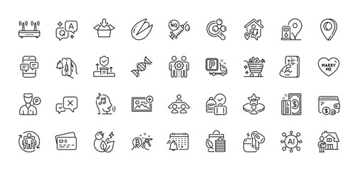 Pistachio nut, Reject and Chemistry lab line icons pack. AI, Question and Answer, Map pin icons. Employees teamwork, Security agency, Get box web icon. Card, Payment, Chemistry dna pictogram. Vector