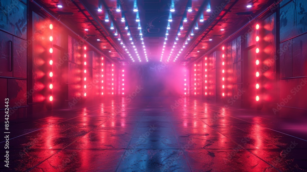 Poster the image features a corridor with reflective floors, illuminated by vibrant neon lights in a futuri