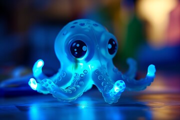 This enchanting image features a blue glowing octopus toy with captivating eye detail against a dark backdrop