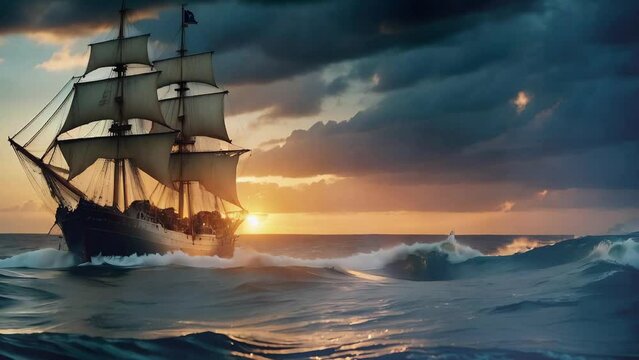 Old Clipper Ship Sailing on Rough Waters 4K features an A.I. generated video of an old ship sailing in the ocean at sunrise or sunset with crashing waves and clouds in the sky.