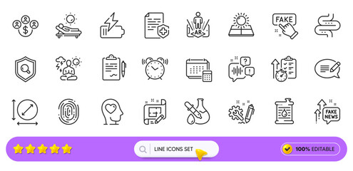 Medical certificate, Intestine and Alarm clock line icons for web app. Pack of Engineering, Augmented reality, Sun energy pictogram icons. Timer, Architect plan, Lounger signs. Search bar. Vector