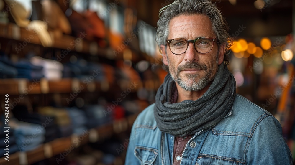 Wall mural A well-dressed mature man with gray hair and glasses inside a fashion boutique