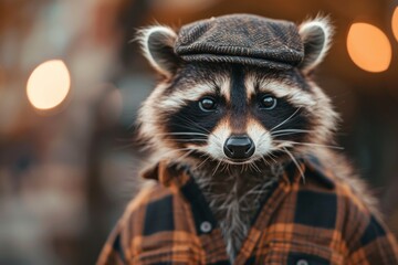 Raccoon wearing a cap and a lumberjack shirt posing