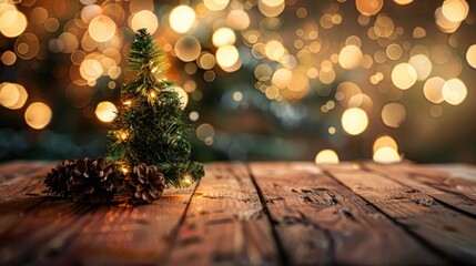 Abstract Christmas tree background with bokeh lights and wooden table top ideal for product display