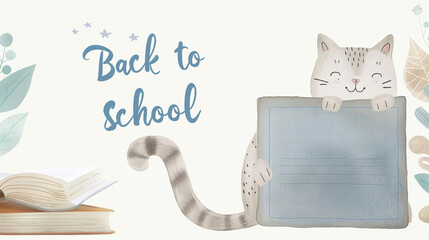 Tabby cat holding a board. Back to school text. Education, learning, back to school concept. First day of school, new school year.