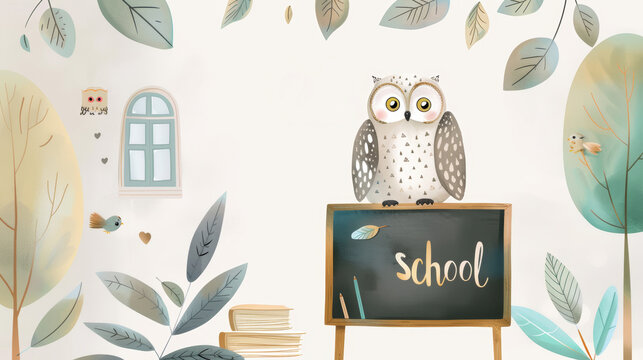 Tawny owl teacher sitting on blackboard with a word "school" written on it. Education and learning concept. Back to school, first day of school, new school year.