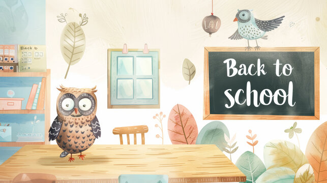 Funny little owl standing in front of class next to blackboard with text Back to school. Education, back to school concept. First day of school, new school year.