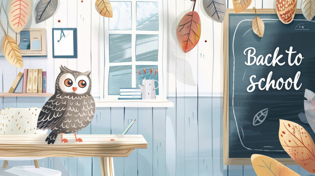 Owl teacher sitting in front of class next to blackboard with text Back to school. Education, back to school concept. First day of school, new school year. 