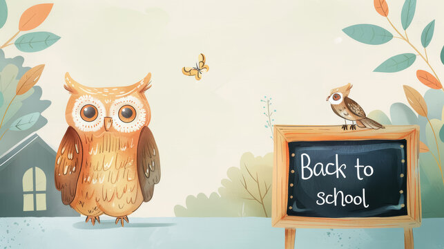 Cute owl standing in front of class next to blackboard with text Back to school. Education, learning, back to school concept. First day of school, new school year.