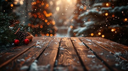 Close-up of a wooden table with pine cones and red berries amidst snowflakes and warm lights - Powered by Adobe