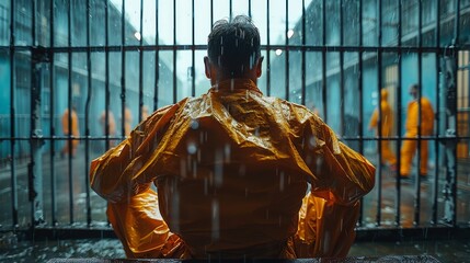 Rear view of a person donning a yellow raincoat, examining a metal caged gate while rain falls,...