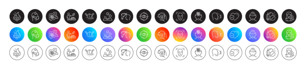 Life insurance, Sick man and Anxiety line icons. Round icon gradient buttons. Pack of Medical mask, Face id, Eye target icon. Vector