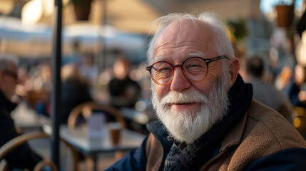 Older man with a white beard and glasses sitting at a café
