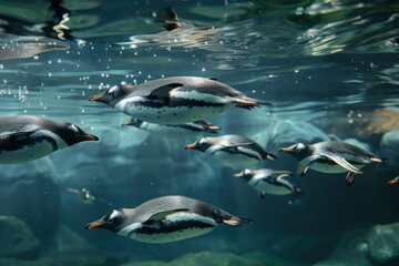 Fototapeta premium Group of gentoo penguins swimming underwater in aquarium