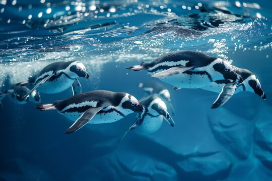 Group of african penguins swimming underwater in clear blue water