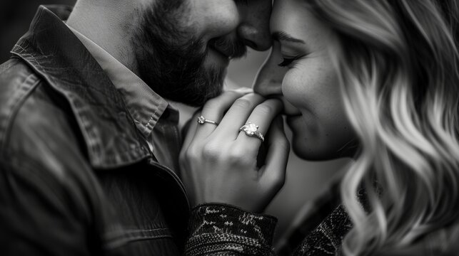 People, Black and White, Romance, Engagement, Close-up black and white photo of a couple in an intimate moment, highlighting an engagement ring