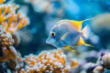 Naklejka premium Tropical fish swimming near colorful coral reef underwater