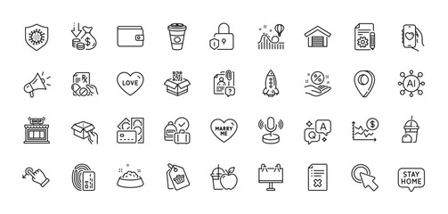 Coronavirus, Dog feeding and Stay home line icons pack. AI, Question and Answer, Map pin icons. Shop, Money, Search employee web icon. Loan percent, Microphone, Reject file pictogram. Vector
