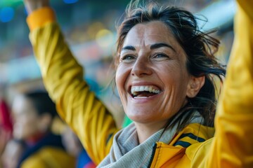 Naklejka premium Excited sports fan cheering with arms raised at stadium event