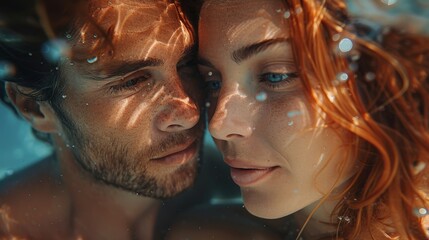 Obraz premium A person's hair and shoulder are focused while submerged in water with a dusk ambiance